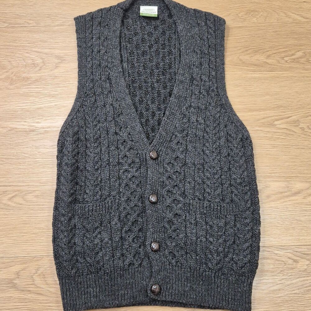 Wool Button Up Sweater Mens L Shannon Woolen Mills 100% Vest Dark Grey Ireland